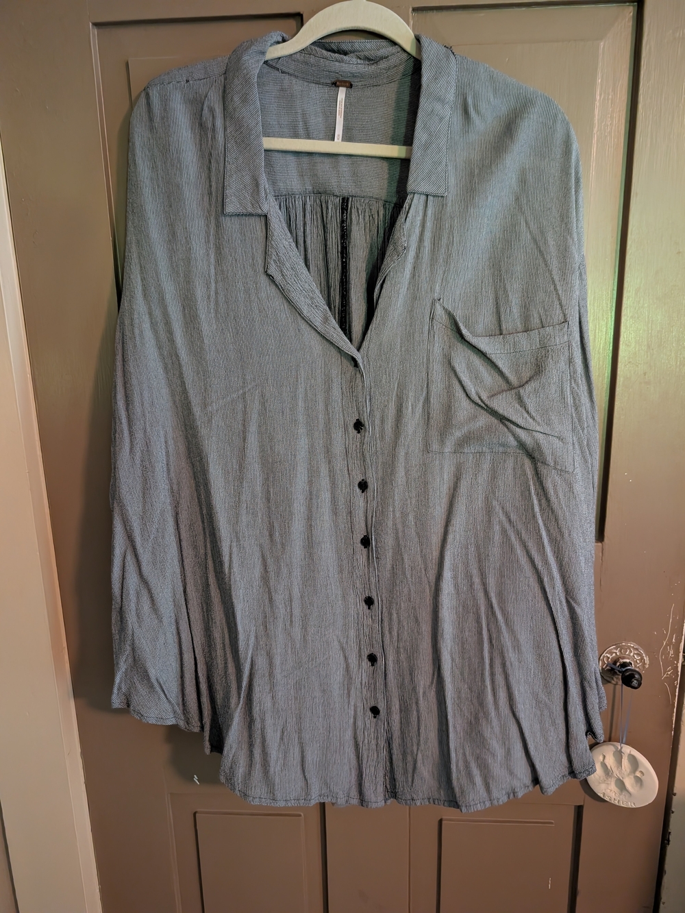 Free People Gray And Black Pinstrip Button Up Blouse - Size Medium Oversized